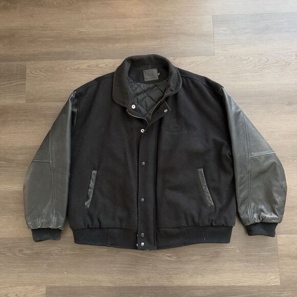 Vintage Mercedes Benz Men's SZ XL Black Varsity Jacket Wool Leather HTF - Picture 1 of 9